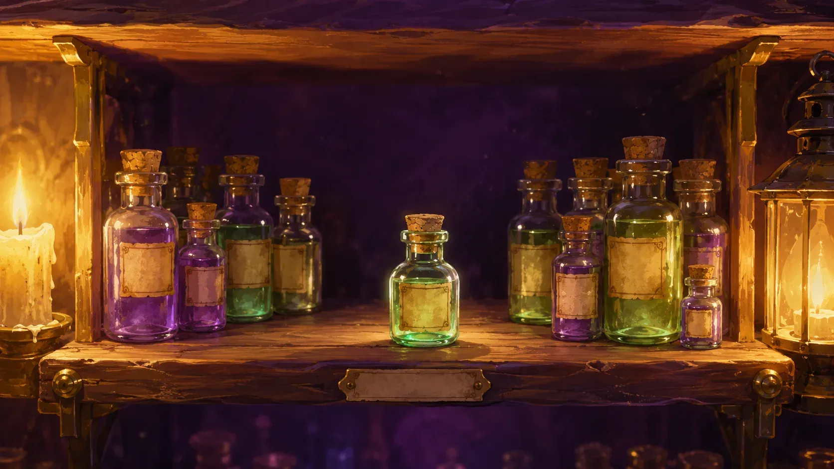 Cozy co-op games: two players sharing one shelf in a candlelit apothecary