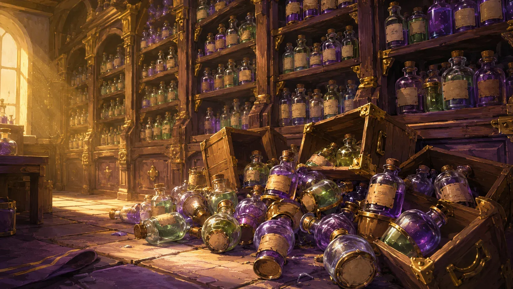 A heap of unsorted bottles and crates at the foot of a tall apothecary shelf