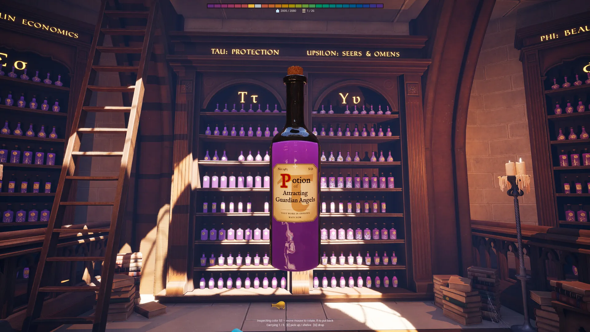 Reading the printed label on a magenta potion, shelves rising behind it