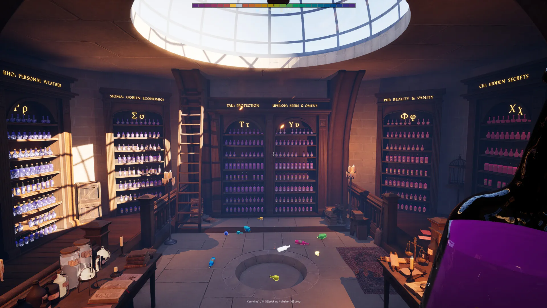The shop at night, shelves glowing under the dome
