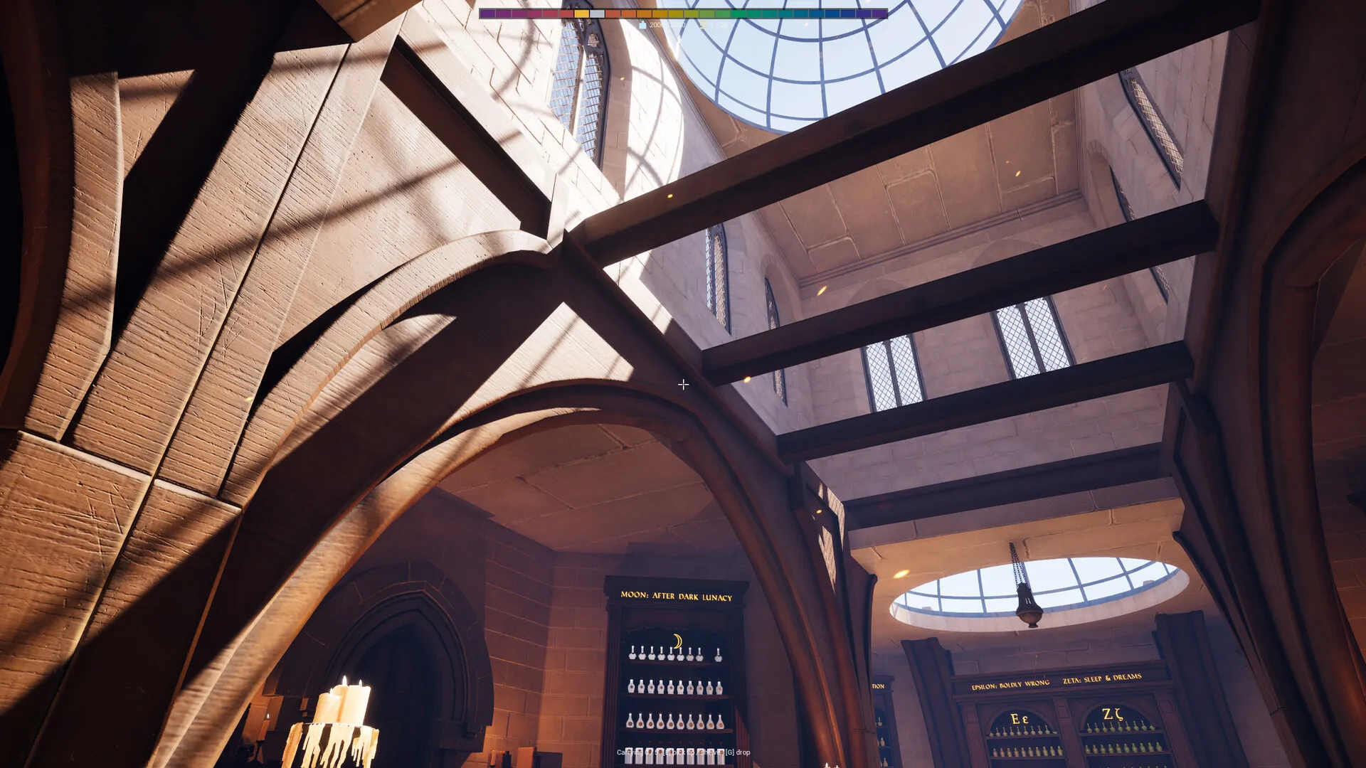 Looking up into the timber roof and the three glass domes