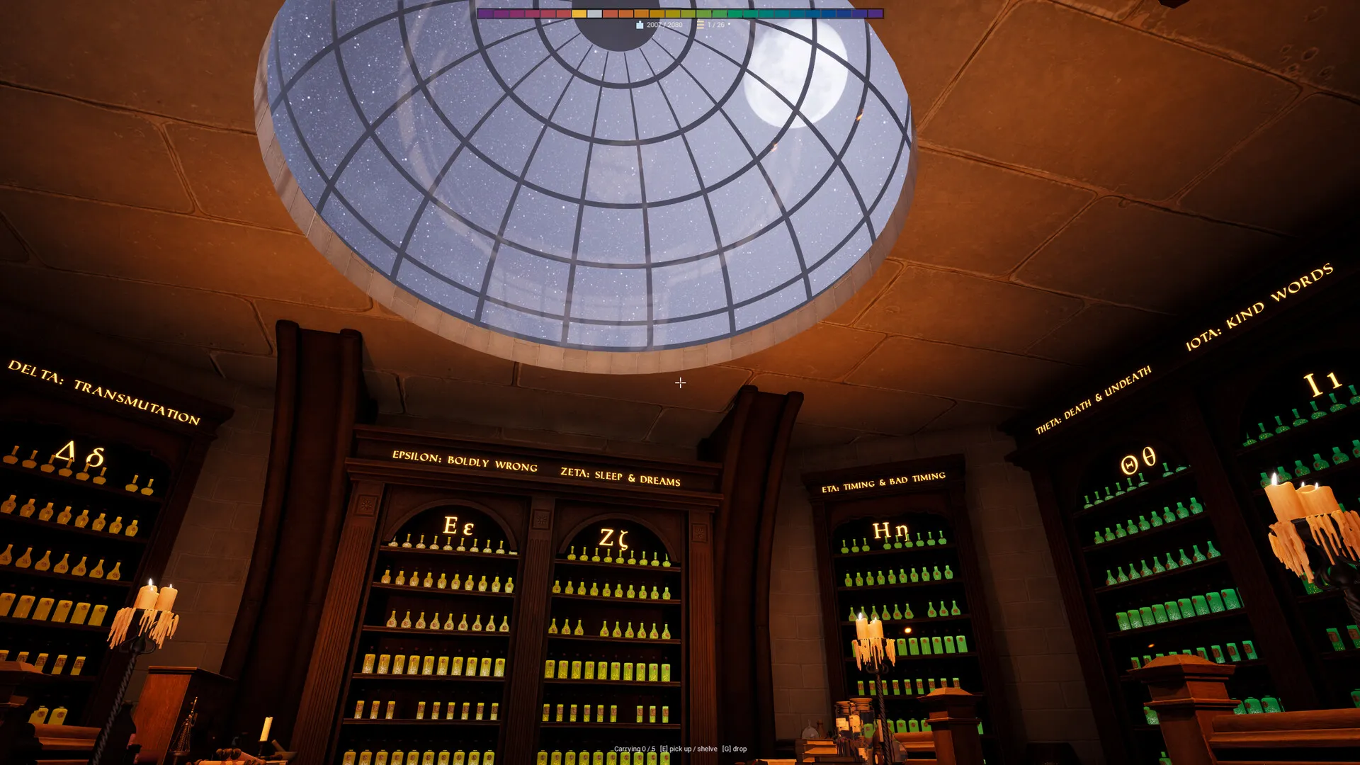 The apothecary at midday, sunlight pouring through the great glass dome