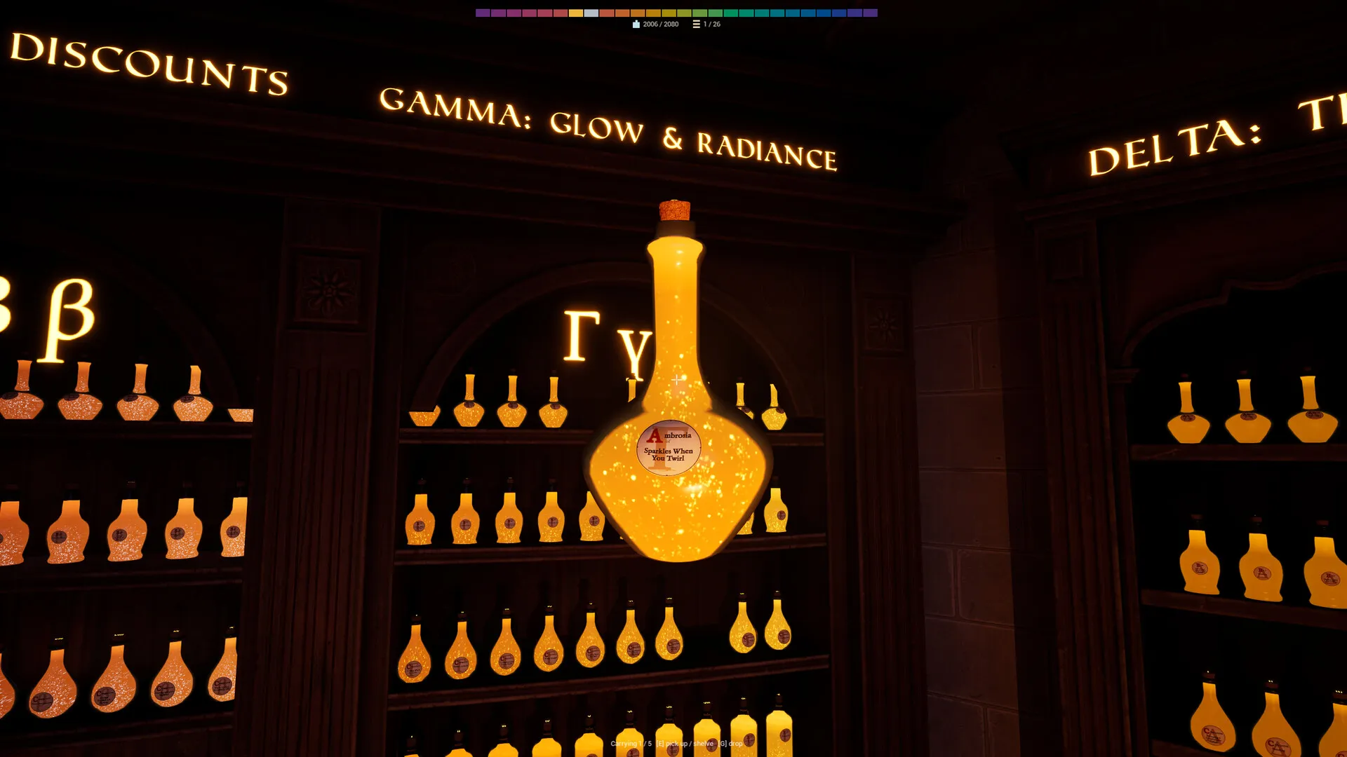 A glowing amber potion held up in front of the Gamma: Glow & Radiance shelf