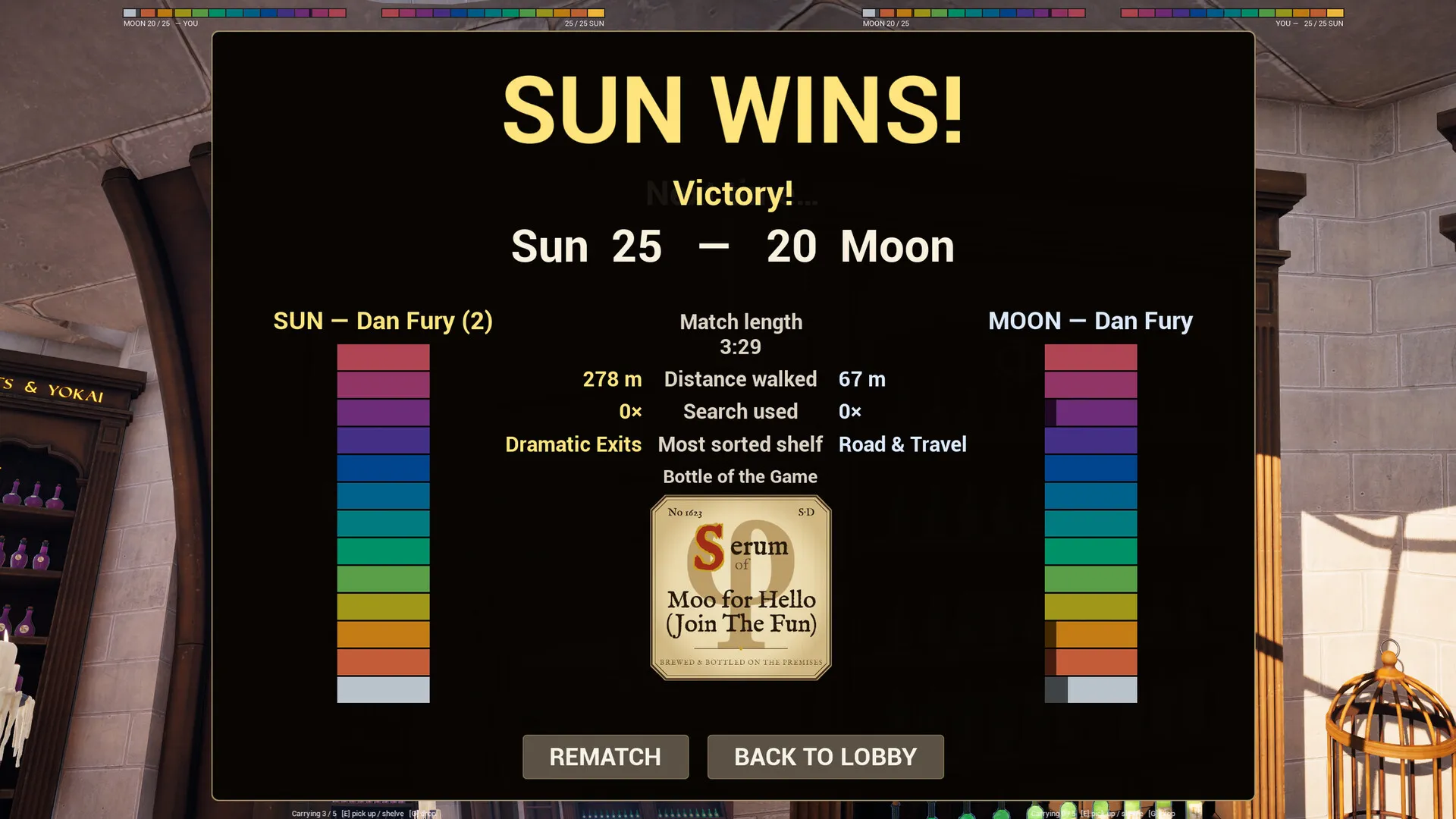 The Sun vs Moon versus results screen, Sun winning 25 to 20