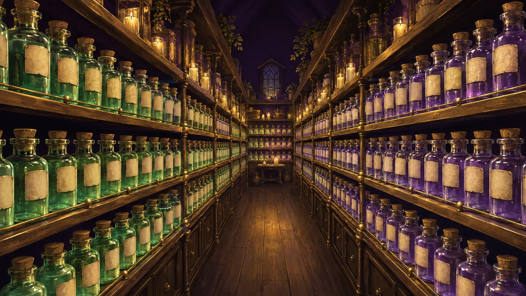 A single apothecary shelf bay fully sorted, bottles graded left to right with every label facing out