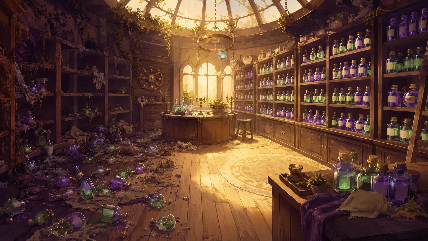 A wide apothecary interior at midday, bottles on the floor to the left and shelved to the right