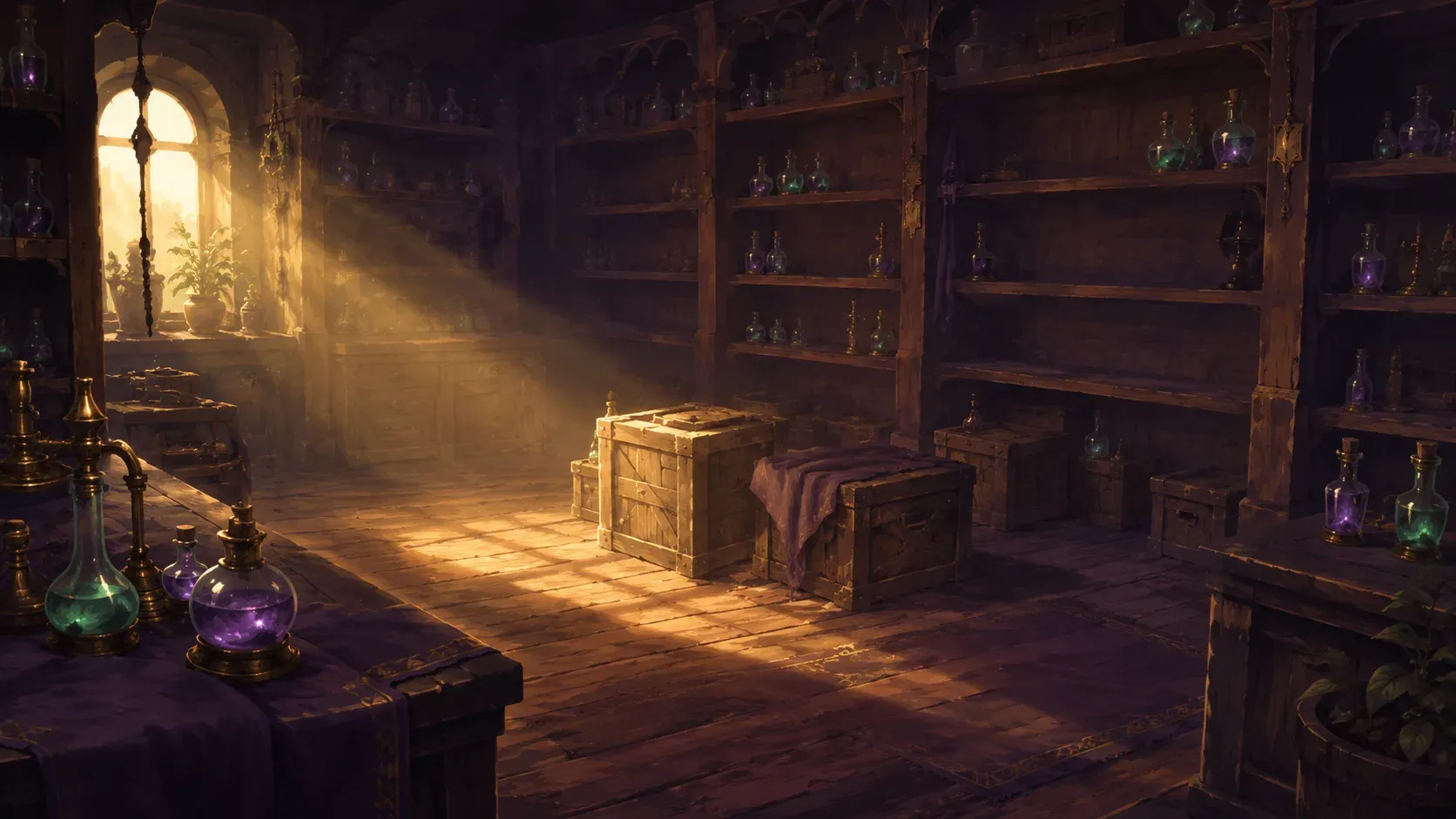 A candlelit potion shop before opening, shelves still empty and crates unopened in low morning light